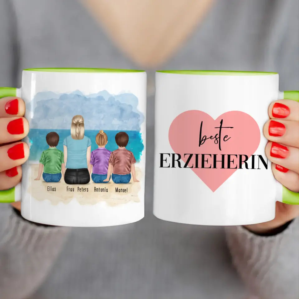 Personalisierte Tasse mit Erzieherin (3 Kinder)