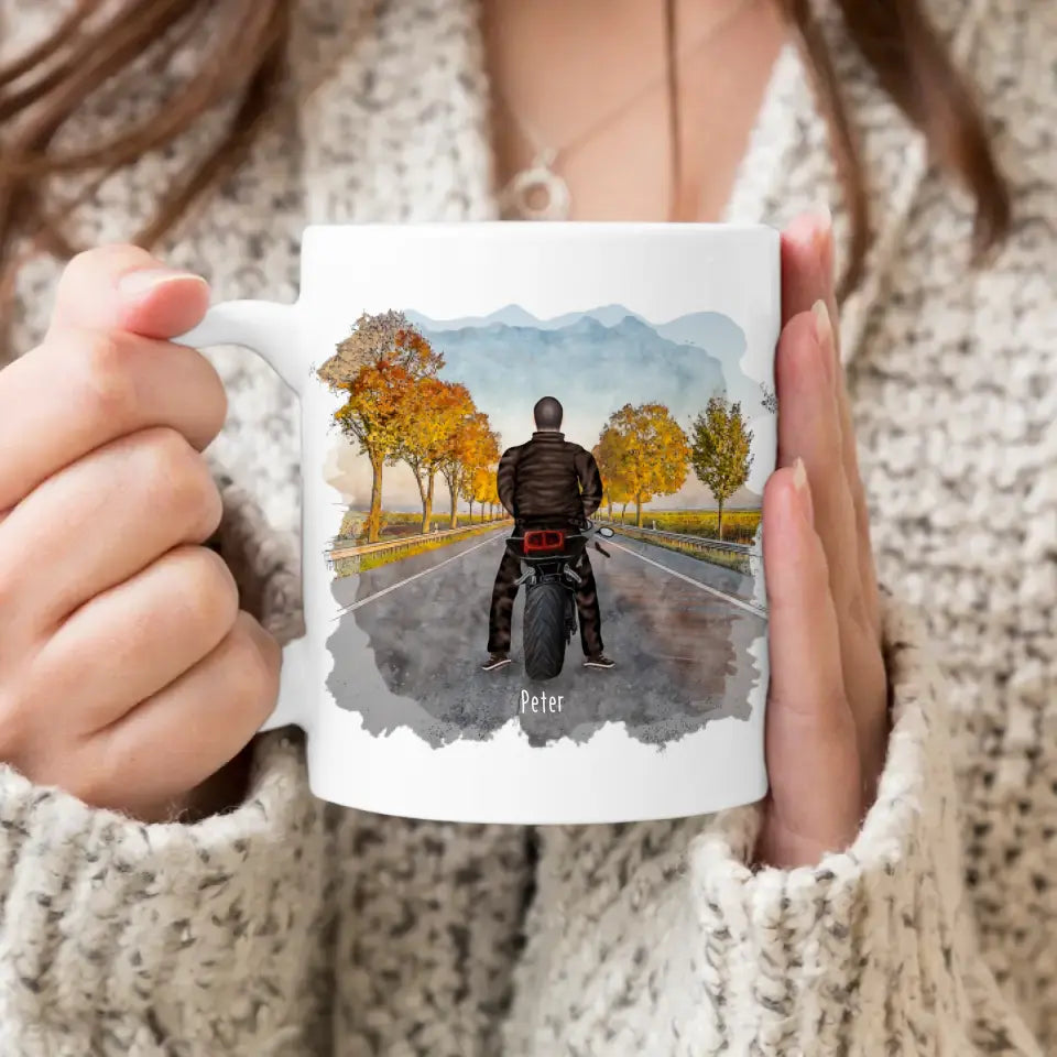 Personalisierte Tasse mit 1-2 Motorradfahrern (Mann oder Frau)