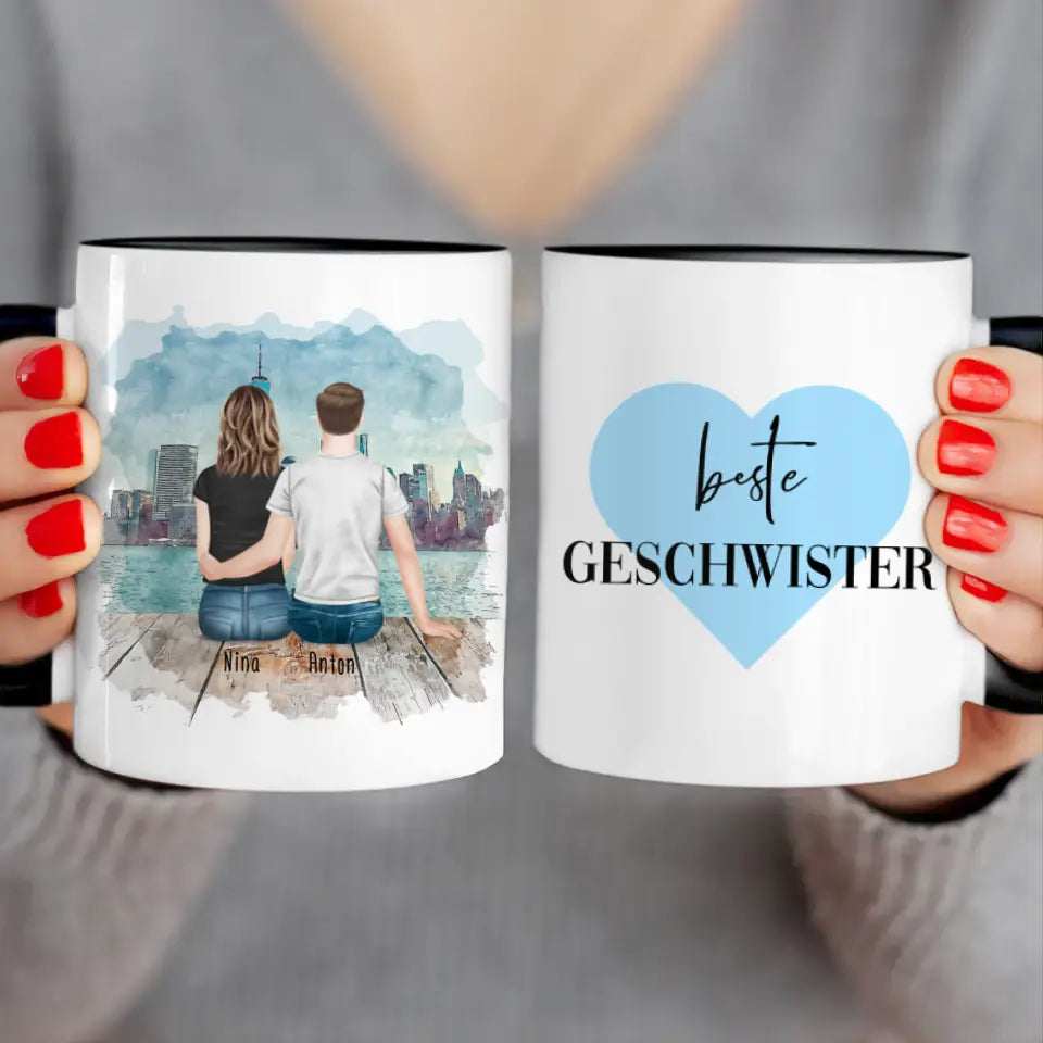 Personalisierte Tasse mit Bruder/Schwester (1 Schwester + 1 Bruder)