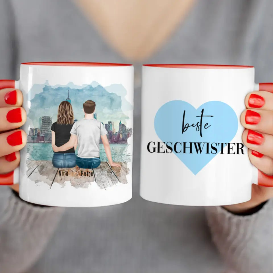 Personalisierte Tasse mit Bruder/Schwester (1 Schwester + 1 Bruder)