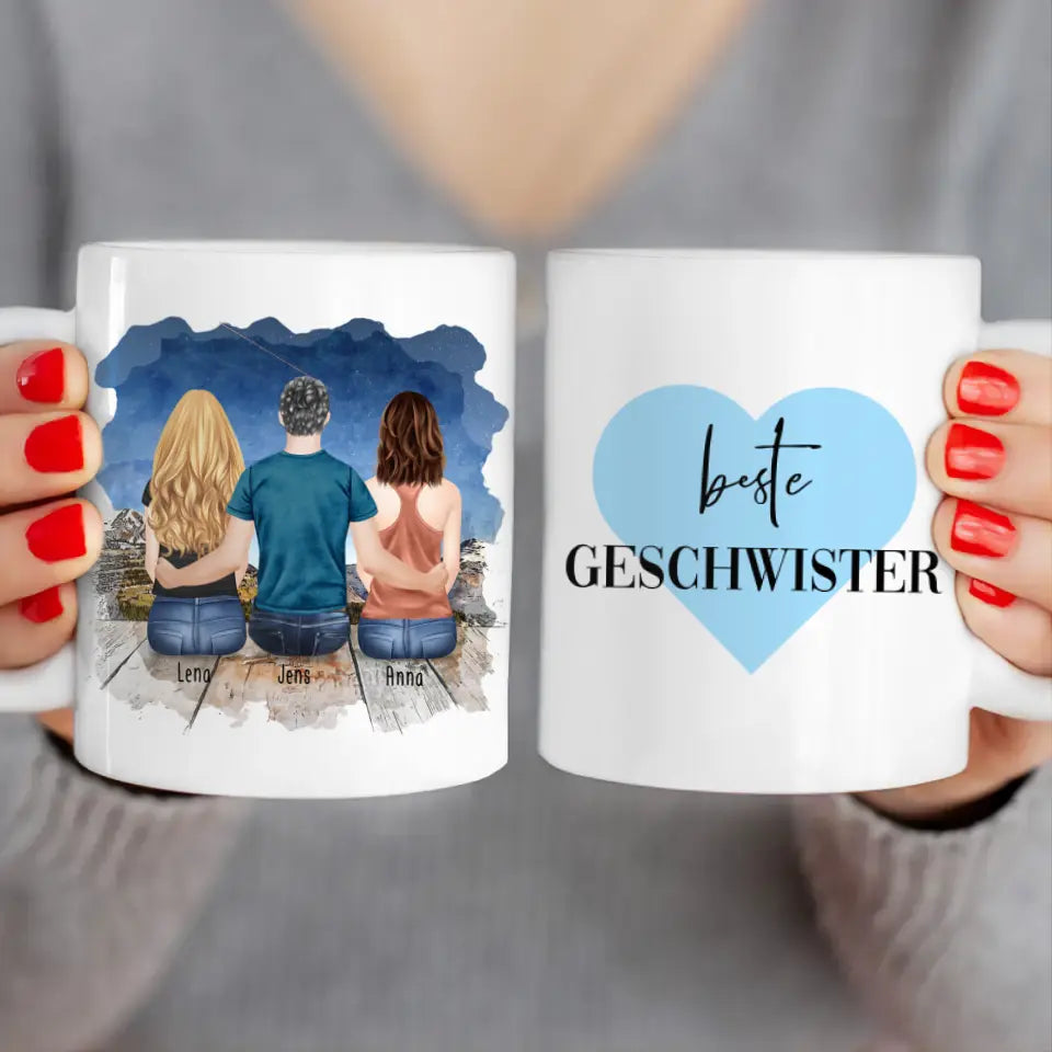 Personalisierte Tasse mit Bruder/Schwester (2 Schwester + 1 Bruder)