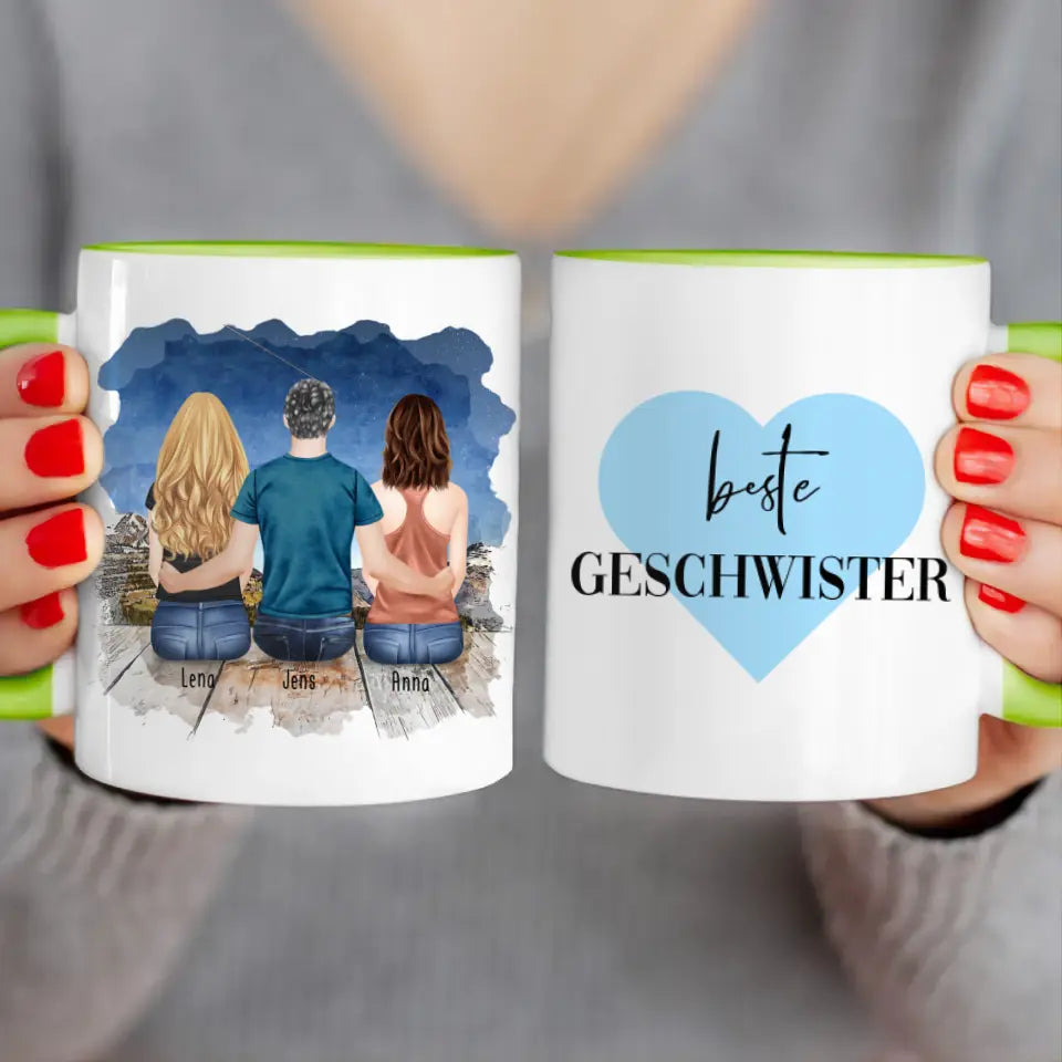 Personalisierte Tasse mit Bruder/Schwester (2 Schwester + 1 Bruder)