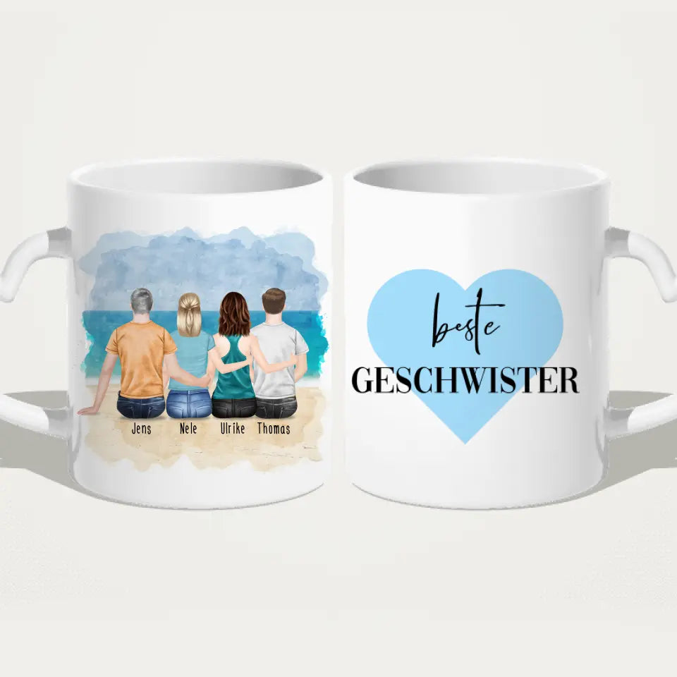 Personalisierte Tasse mit Bruder/Schwester (2 Schwestern + 2 Brüder)