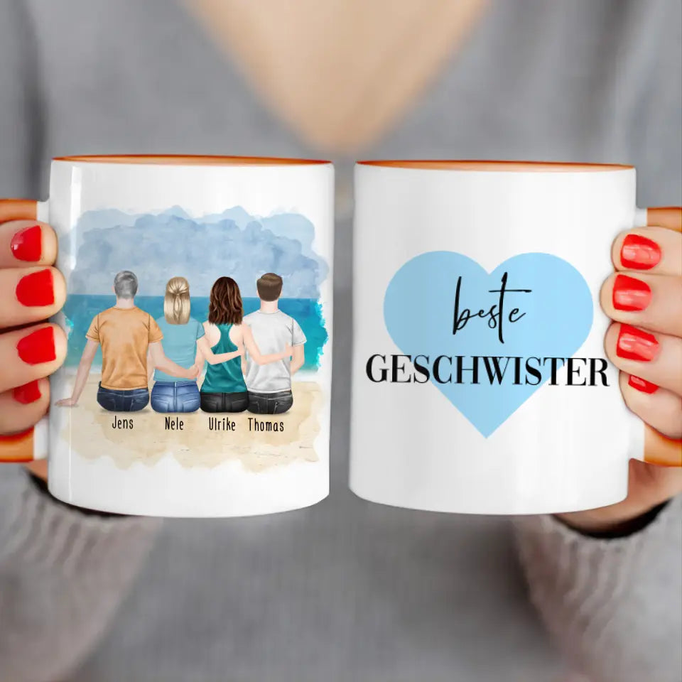 Personalisierte Tasse mit Bruder/Schwester (2 Schwestern + 2 Brüder)