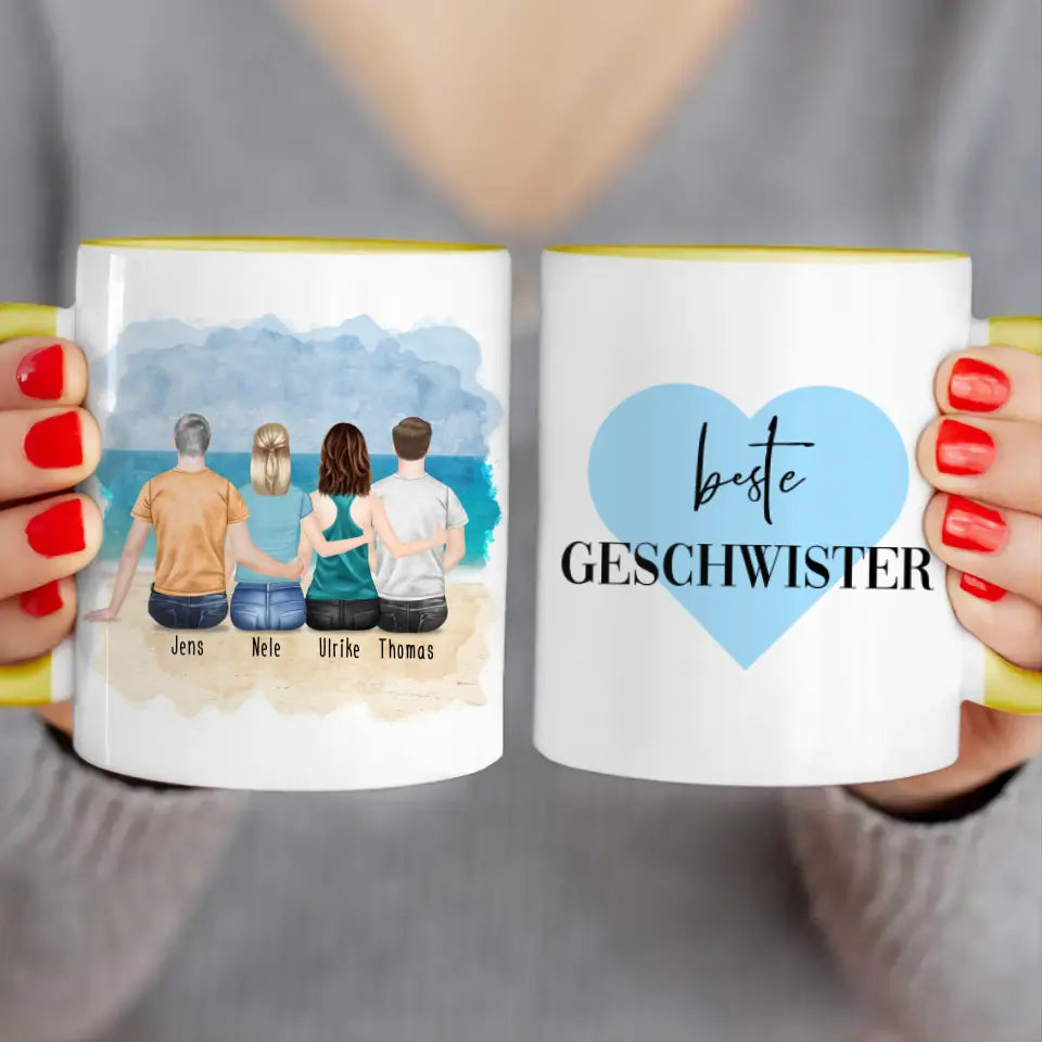 Personalisierte Tasse mit Bruder/Schwester (2 Schwestern + 2 Brüder)