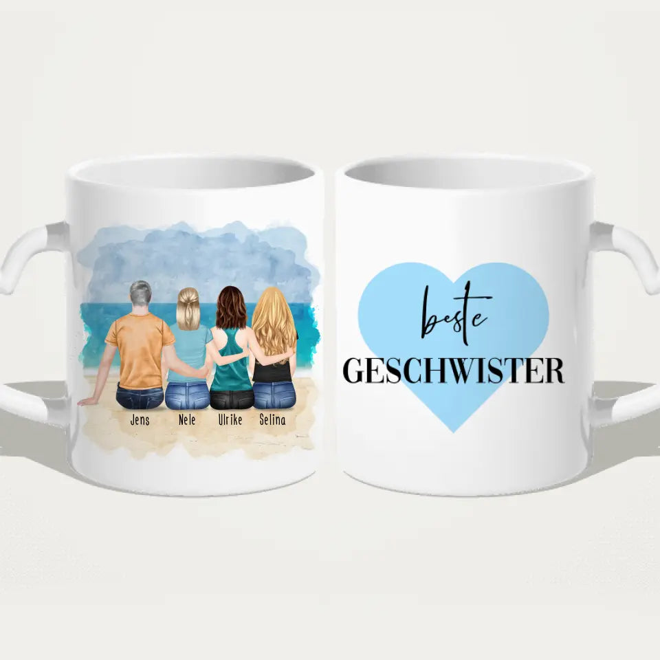 Personalisierte Tasse mit Bruder/Schwester (3 Schwestern + 1 Bruder)