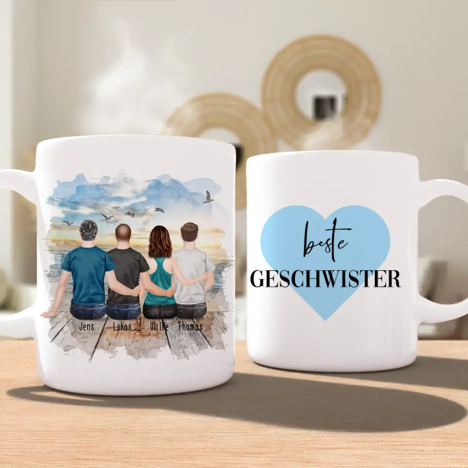 Personalisierte Tasse mit Bruder/Schwester (1 Schwester + 3 Brüder)