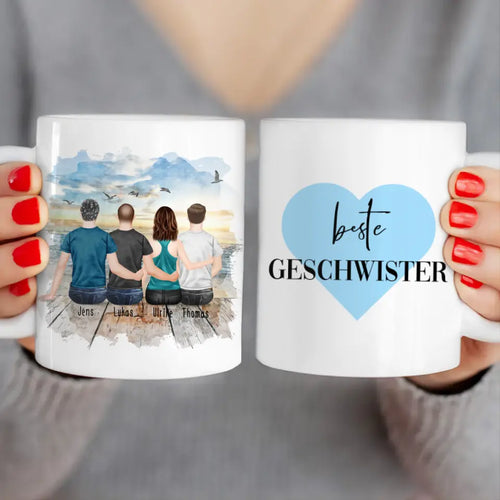 Personalisierte Tasse mit Bruder/Schwester (1 Schwester + 3 Brüder)