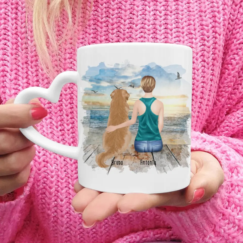 Personalisierte Tasse mit Hund und Frau (1 Hund + 1 Frau)