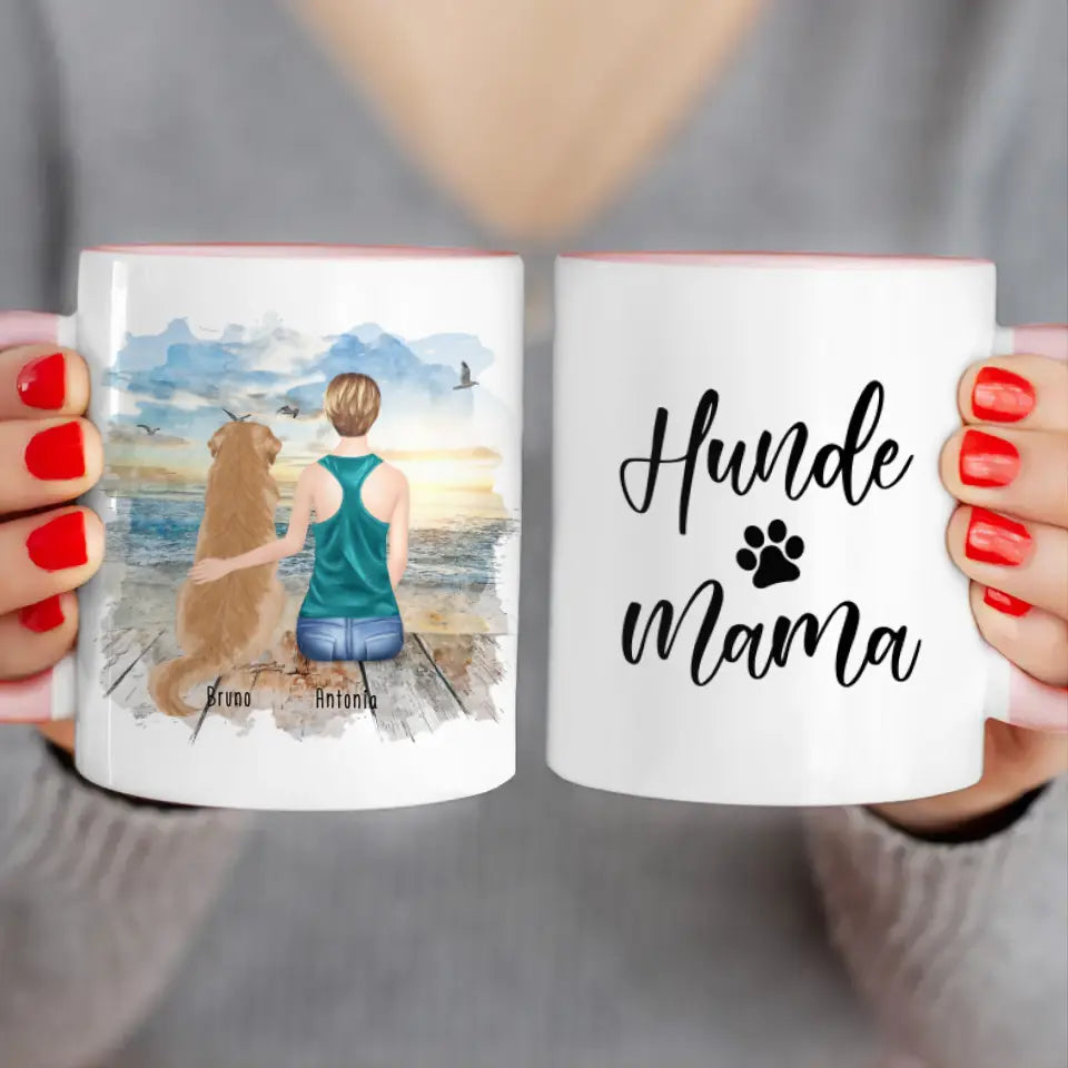 Personalisierte Tasse mit Hund und Frau (1 Hund + 1 Frau)