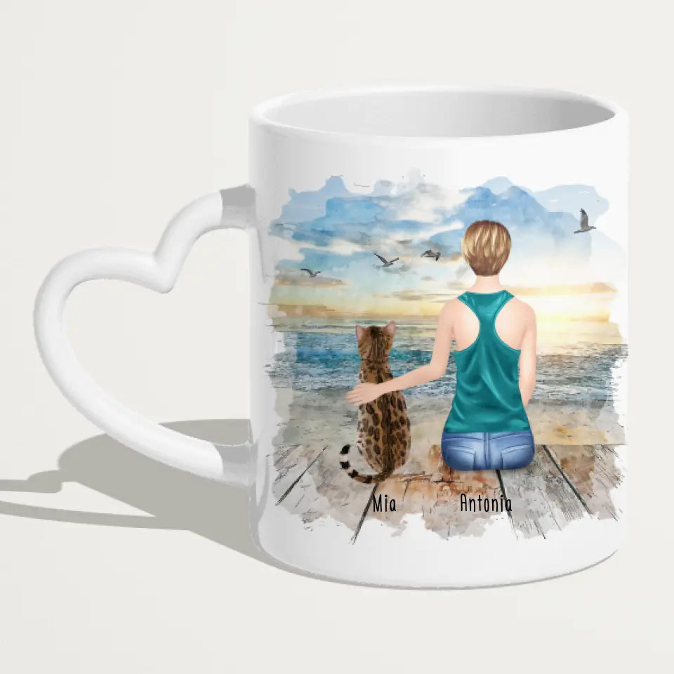 Personalisierte Tasse mit Katze und Frau (1 Katze + 1 Frau)