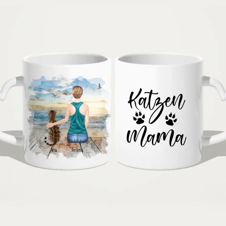 Personalisierte Tasse mit Katze und Frau (1 Katze + 1 Frau)