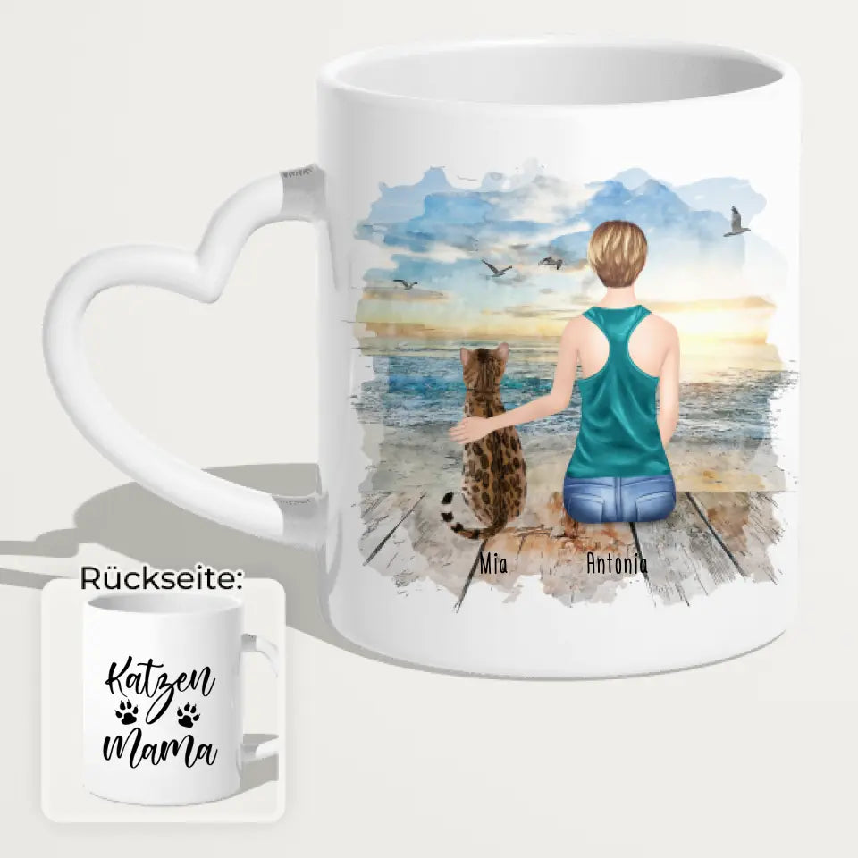 Personalisierte Tasse mit Katze und Frau (1 Katze + 1 Frau)