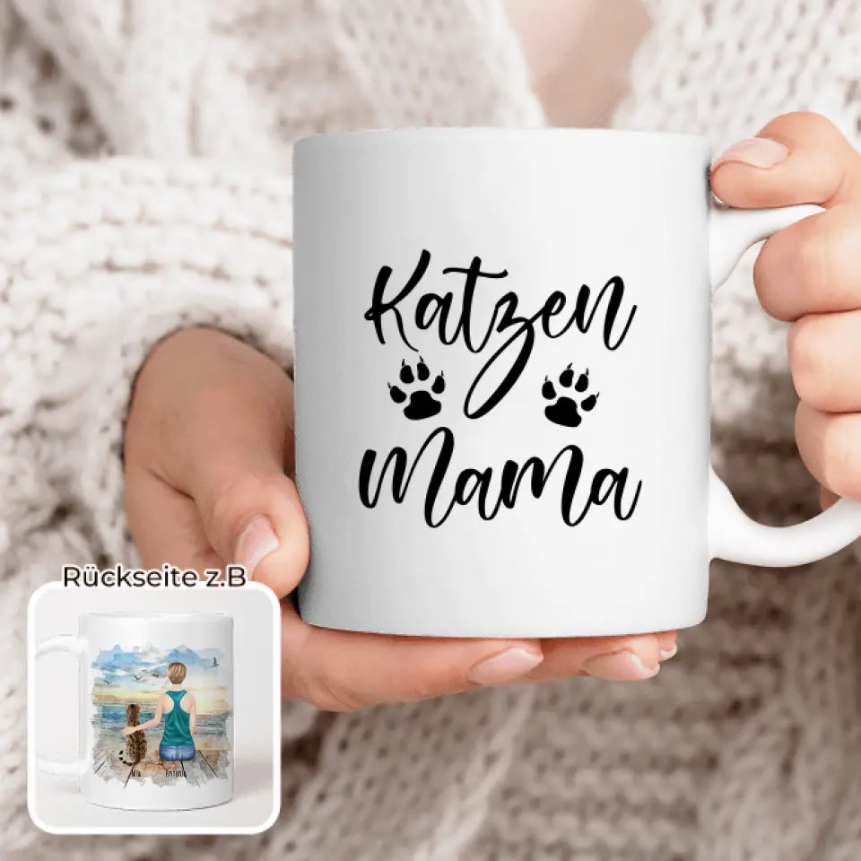 Personalisierte Tasse mit Katze und Frau (1 Katze + 1 Frau)