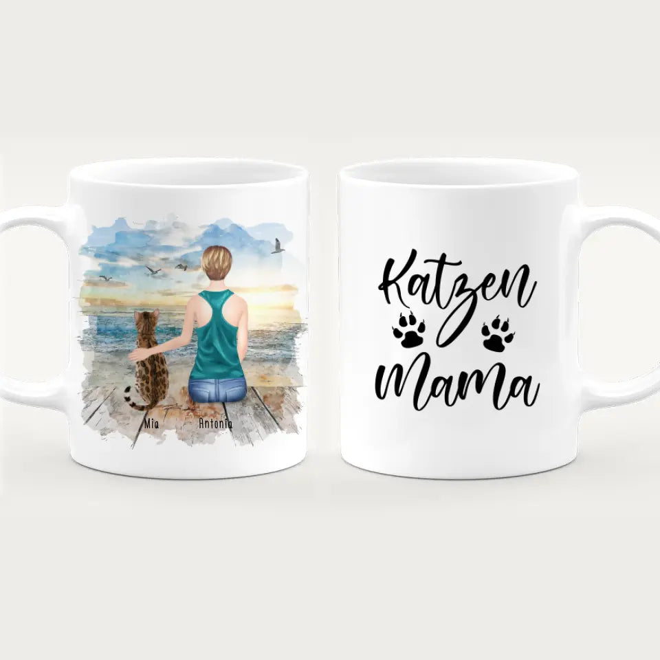 Personalisierte Tasse mit Katze und Frau (1 Katze + 1 Frau)