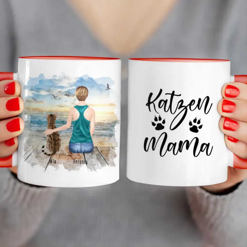 Personalisierte Tasse mit Katze und Frau (1 Katze + 1 Frau)