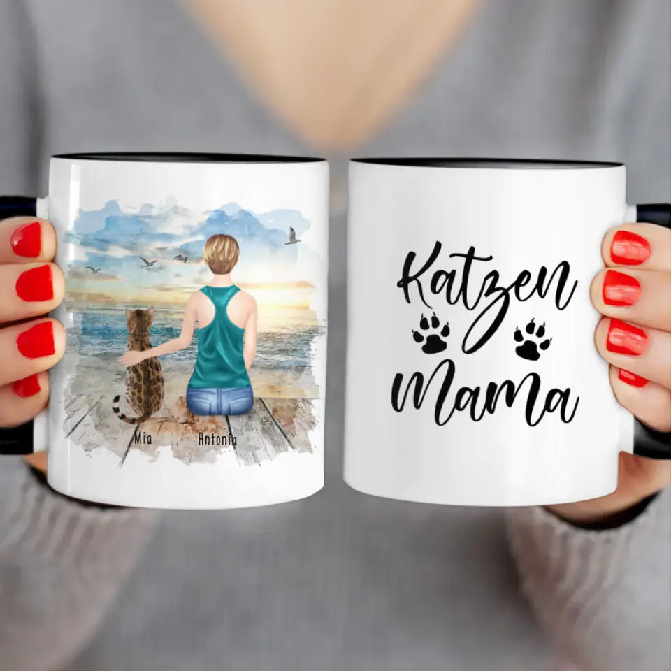 Personalisierte Tasse mit Katze und Frau (1 Katze + 1 Frau)