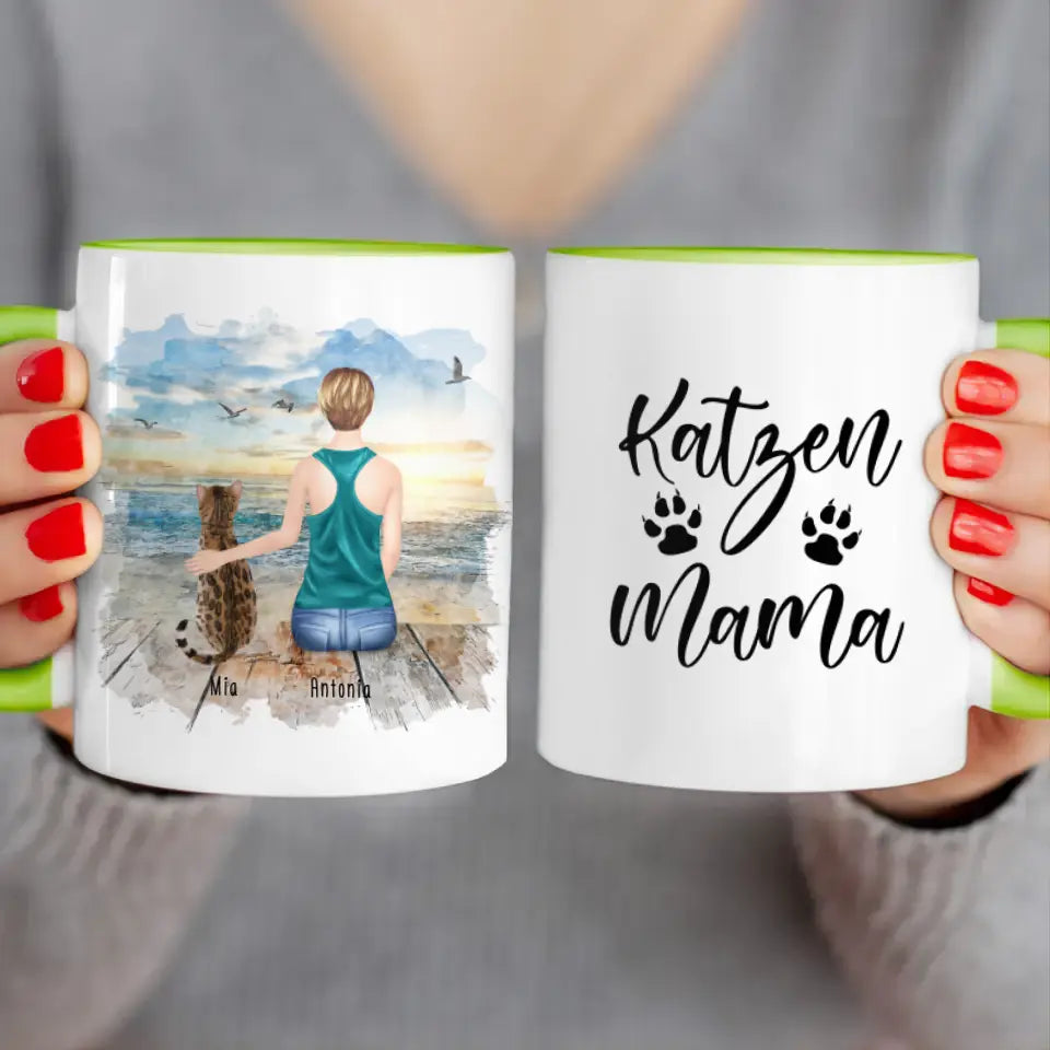 Personalisierte Tasse mit Katze und Frau (1 Katze + 1 Frau)