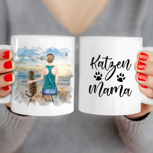 Personalisierte Tasse mit Katze und Frau (1 Katze + 1 Frau)