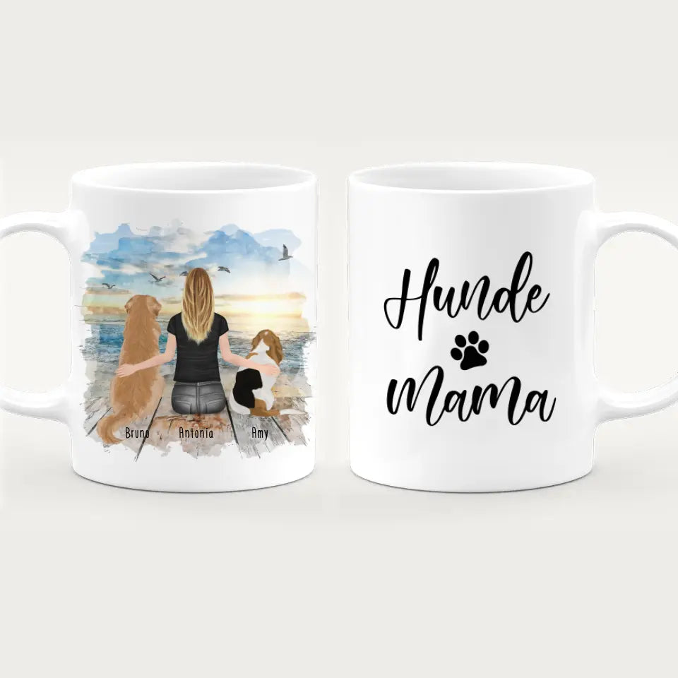 Personalisierte Tasse mit Hund und Frau (2 Hunde + 1 Frau)