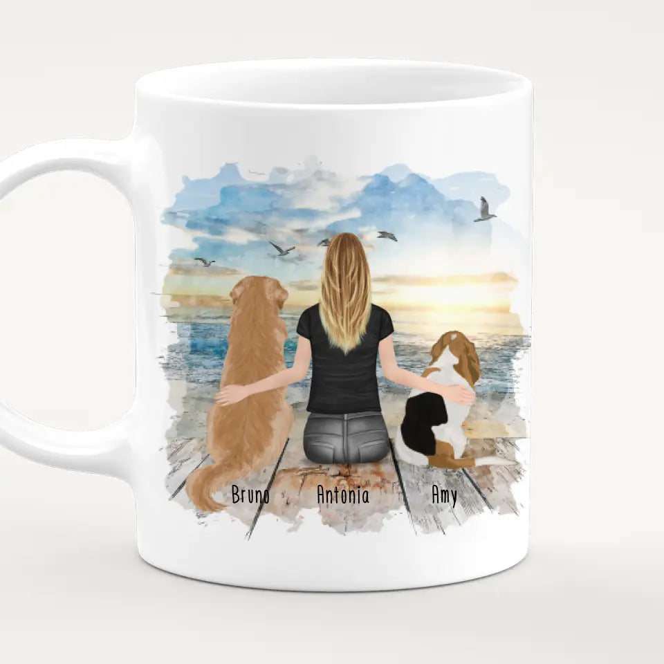 Personalisierte Tasse mit Hund und Frau (2 Hunde + 1 Frau)