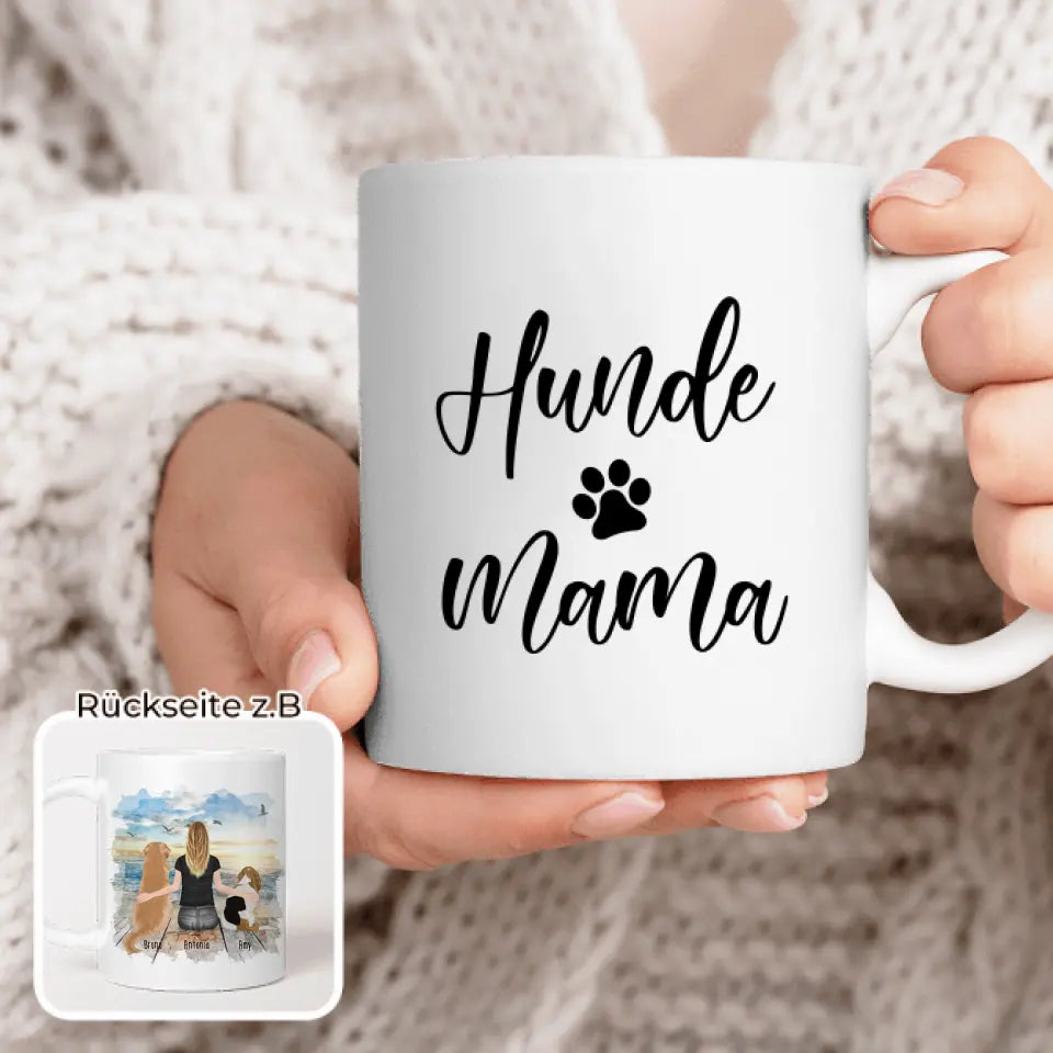 Personalisierte Tasse mit Hund und Frau (2 Hunde + 1 Frau)