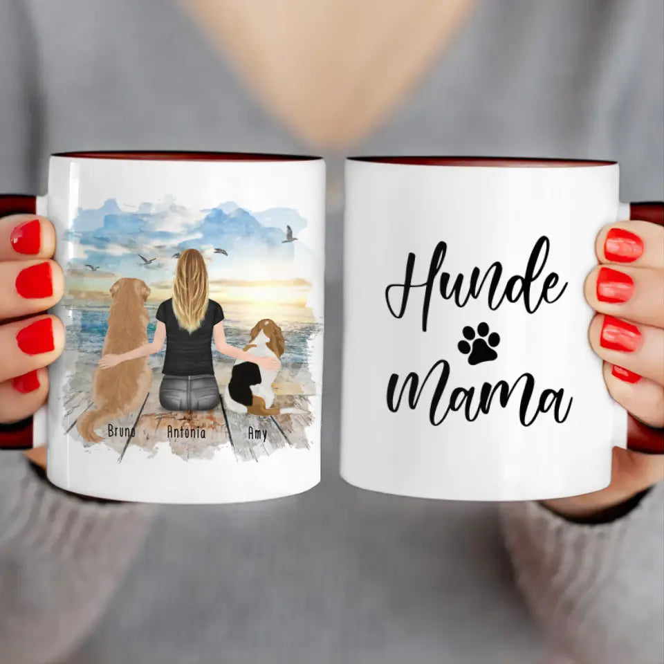 Personalisierte Tasse mit Hund und Frau (2 Hunde + 1 Frau)