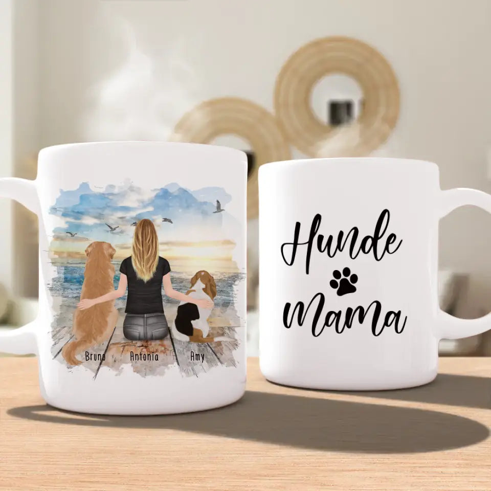 Personalisierte Tasse mit Hund und Frau (2 Hunde + 1 Frau)