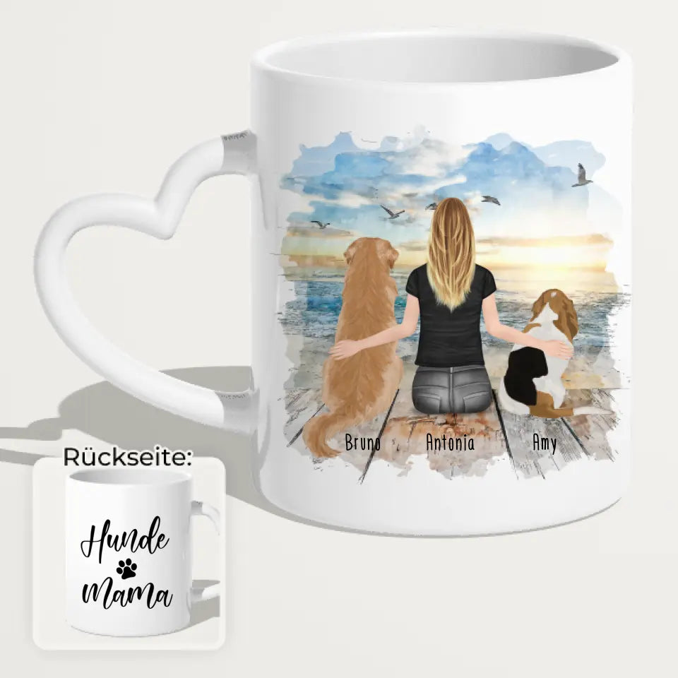 Personalisierte Tasse mit Hund und Frau (2 Hunde + 1 Frau)