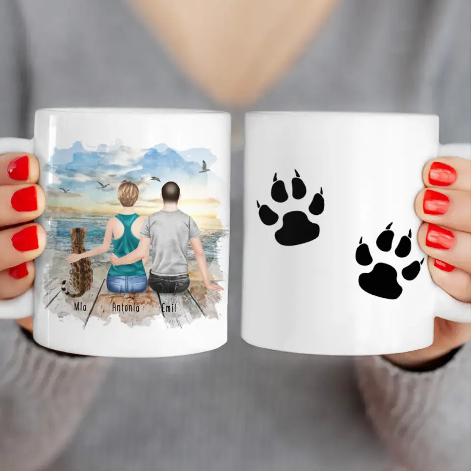 Personalisierte Tasse mit Pärchen und 1 Katze