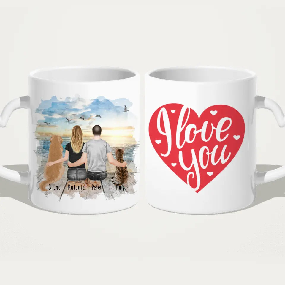 Personalisierte Tasse mit Pärchen und 1 Hund und 1 Katze