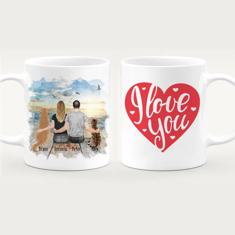 Personalisierte Tasse mit Pärchen und 1 Hund und 1 Katze