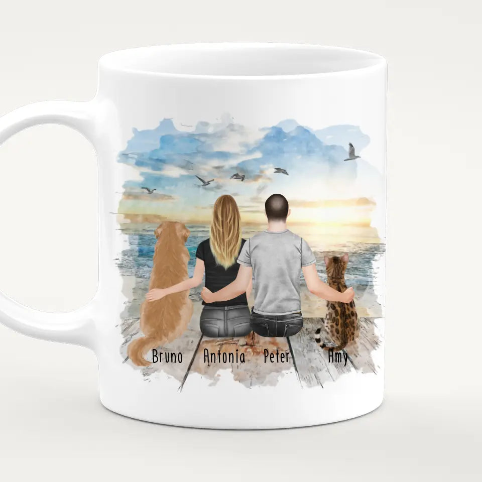 Personalisierte Tasse mit Pärchen und 1 Hund und 1 Katze