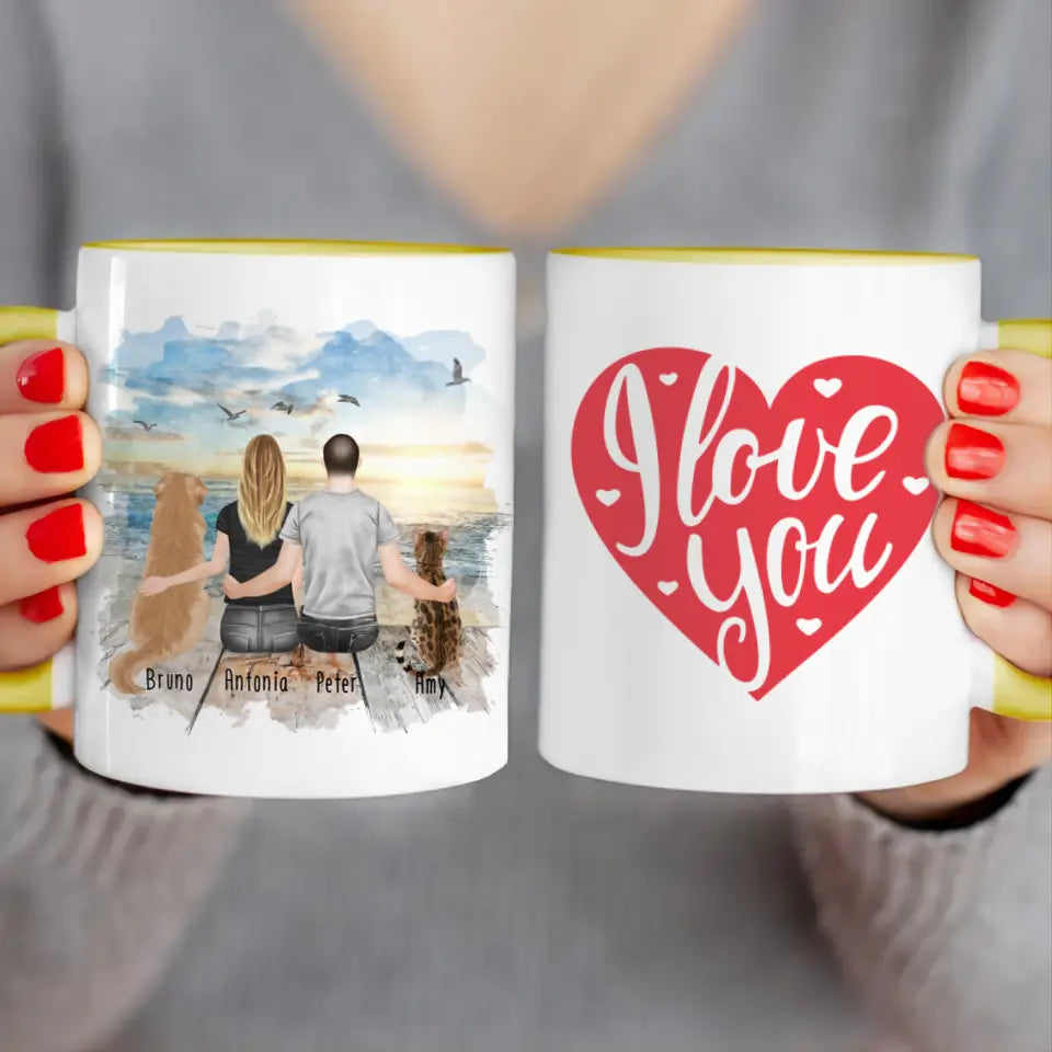 Personalisierte Tasse mit Pärchen und 1 Hund und 1 Katze