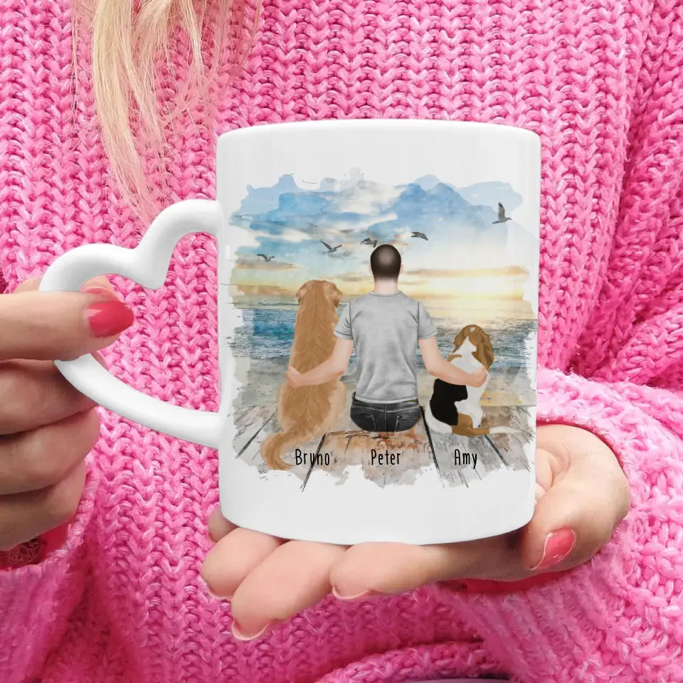 Personalisierte Tasse mit Hund und Mann (2 Hunde + 1 Mann)