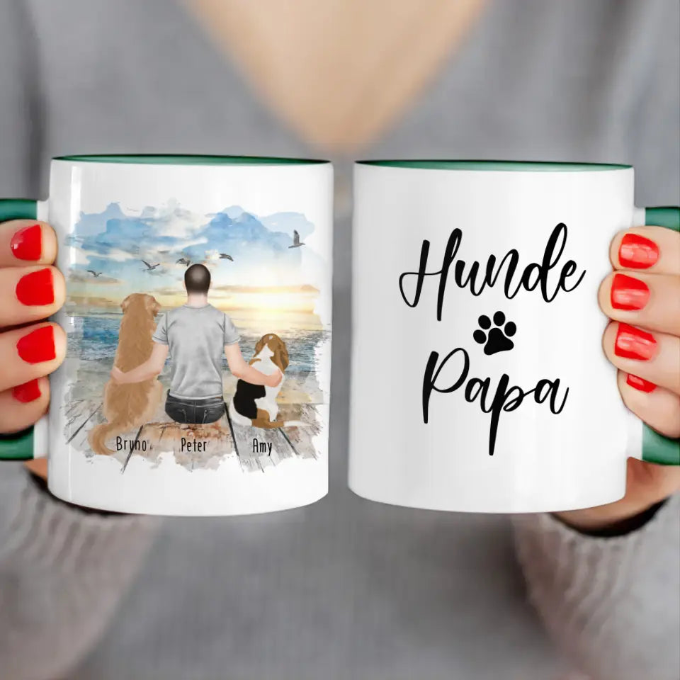 Personalisierte Tasse mit Hund und Mann (2 Hunde + 1 Mann)