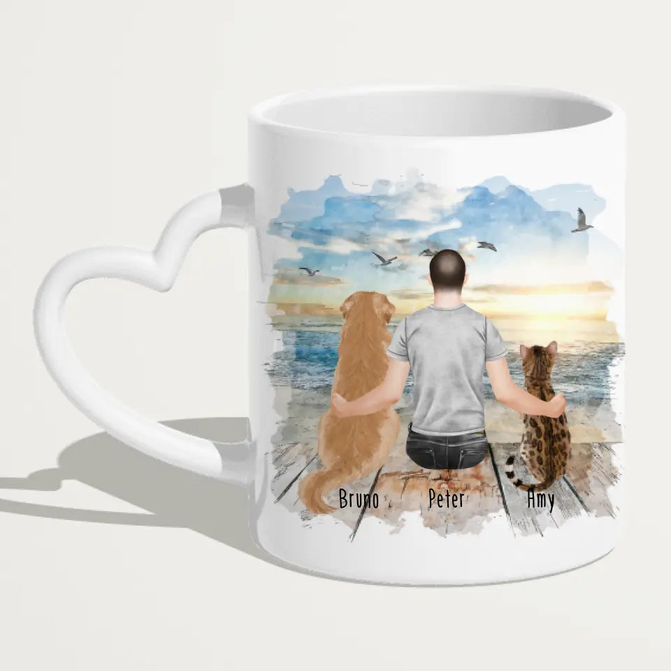 Personalisierte Tasse mit Hund, Katze und Mann (1 Hund + 1 Katze + 1 Mann)