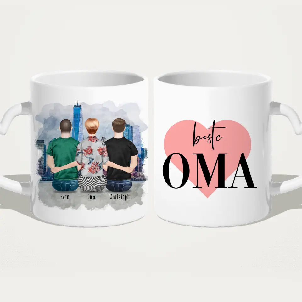 Personalisierte Tasse für Oma (2 Männer + 1 Oma)