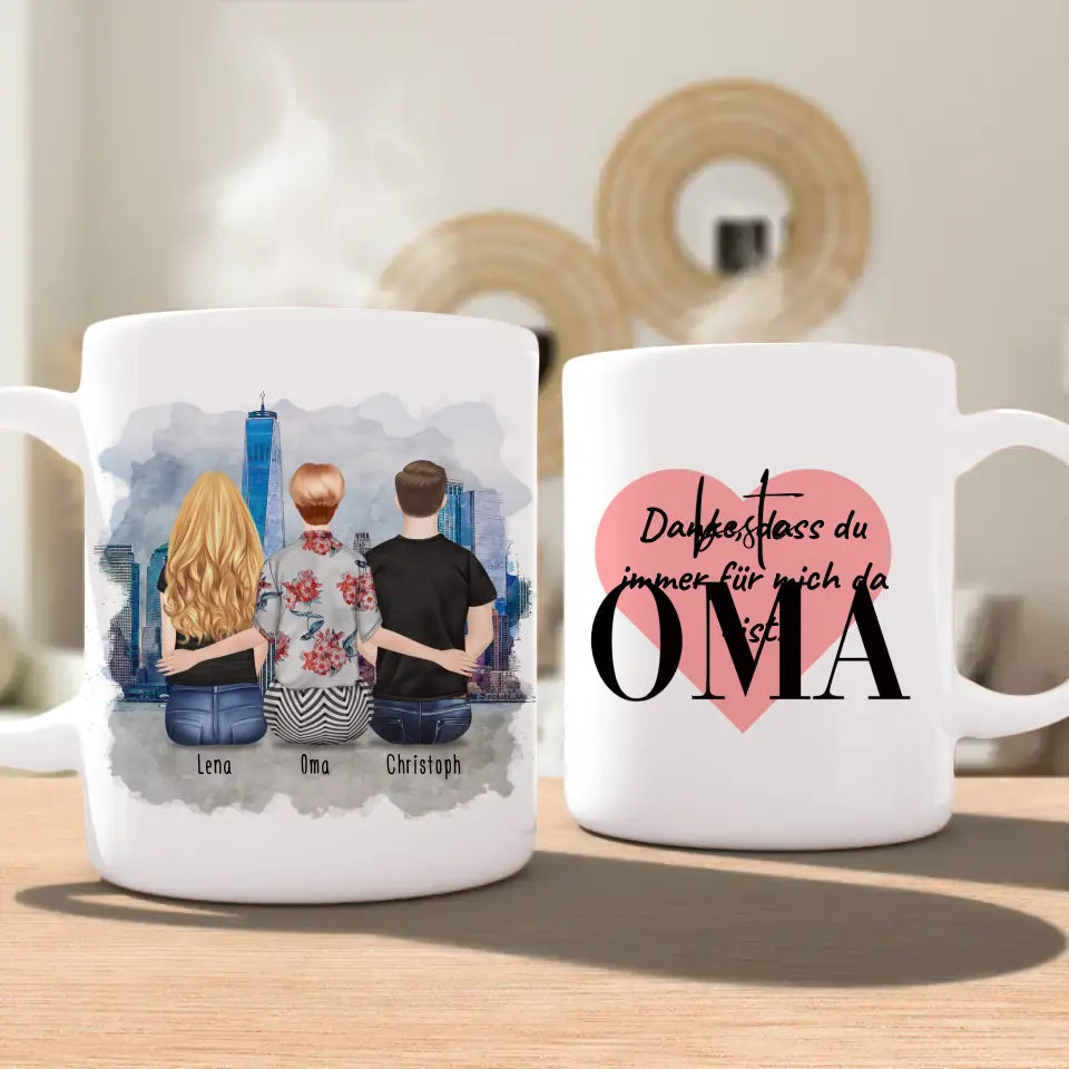 Personalisierte Tasse für Oma (1 Frau + 1 Mann + 1 Oma)