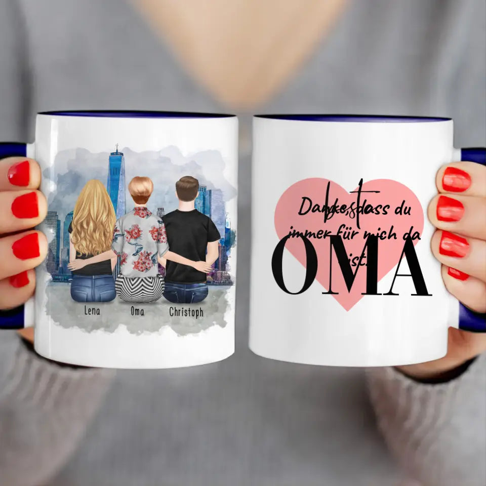 Personalisierte Tasse für Oma (1 Frau + 1 Mann + 1 Oma)