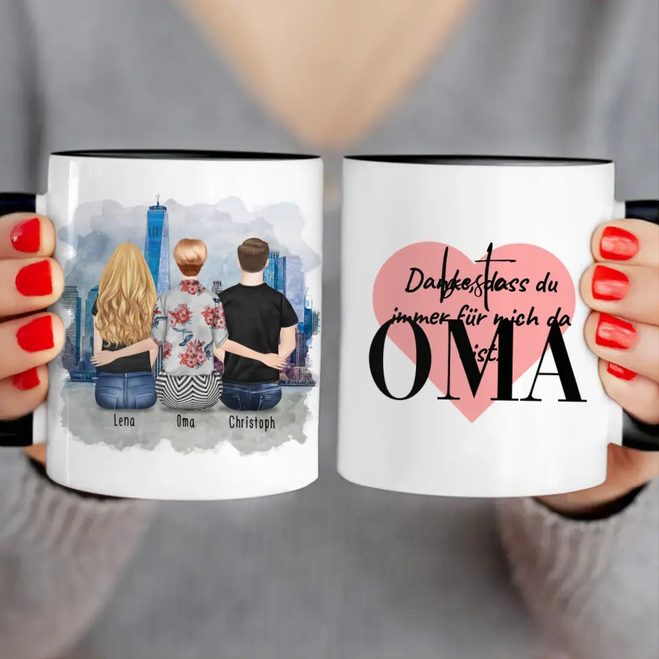 Personalisierte Tasse für Oma (1 Frau + 1 Mann + 1 Oma)