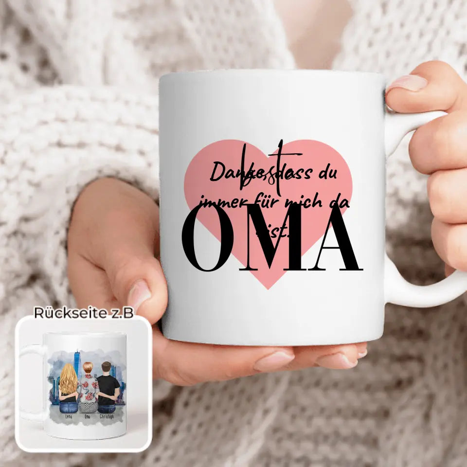 Personalisierte Tasse für Oma (1 Frau + 1 Mann + 1 Oma)