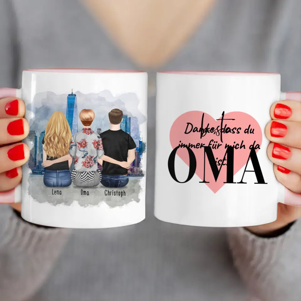 Personalisierte Tasse für Oma (1 Frau + 1 Mann + 1 Oma)