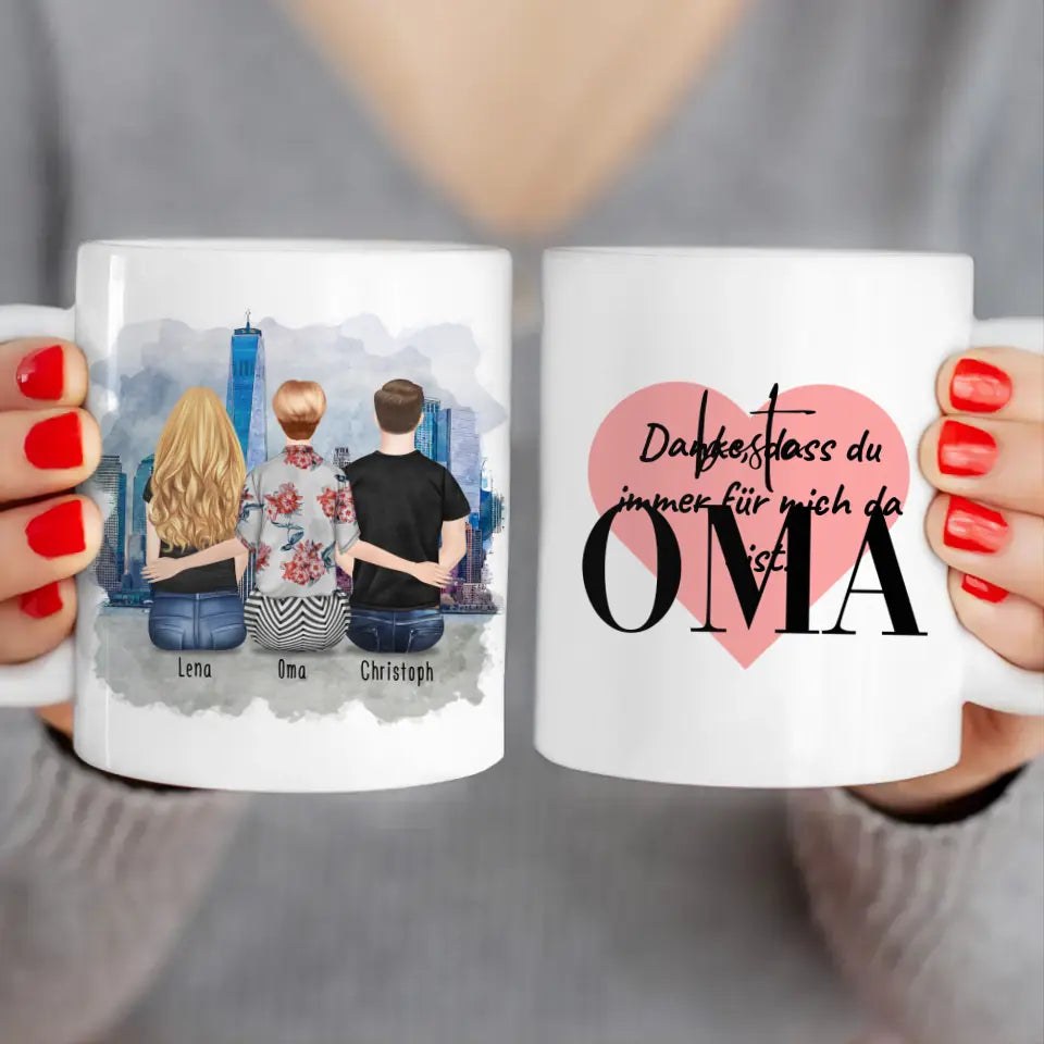 Personalisierte Tasse für Oma (1 Frau + 1 Mann + 1 Oma)