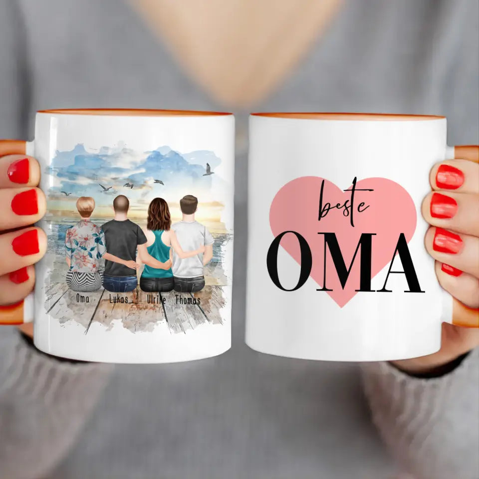 Personalisierte Tasse für Oma (1 Frau + 2 Männer + 1 Oma)