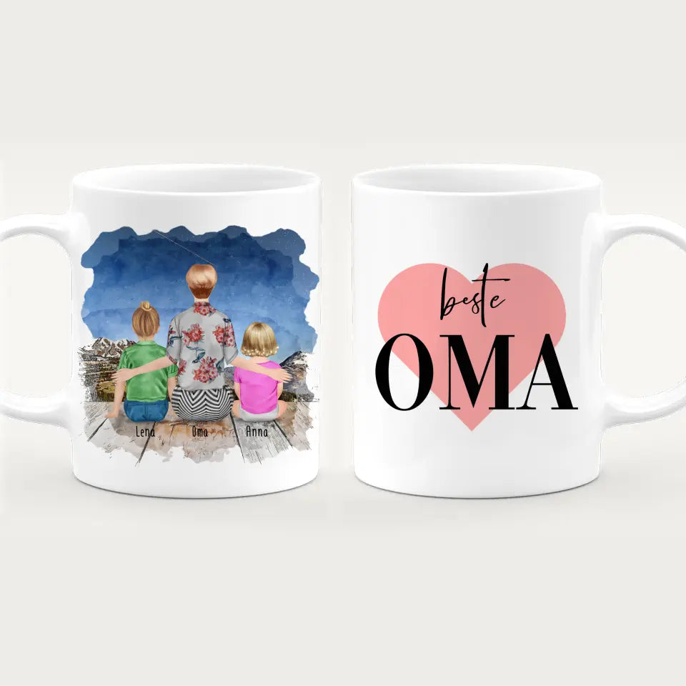 Personalisierte Tasse für Oma (1 Baby + 1 Kind + 1 Oma)