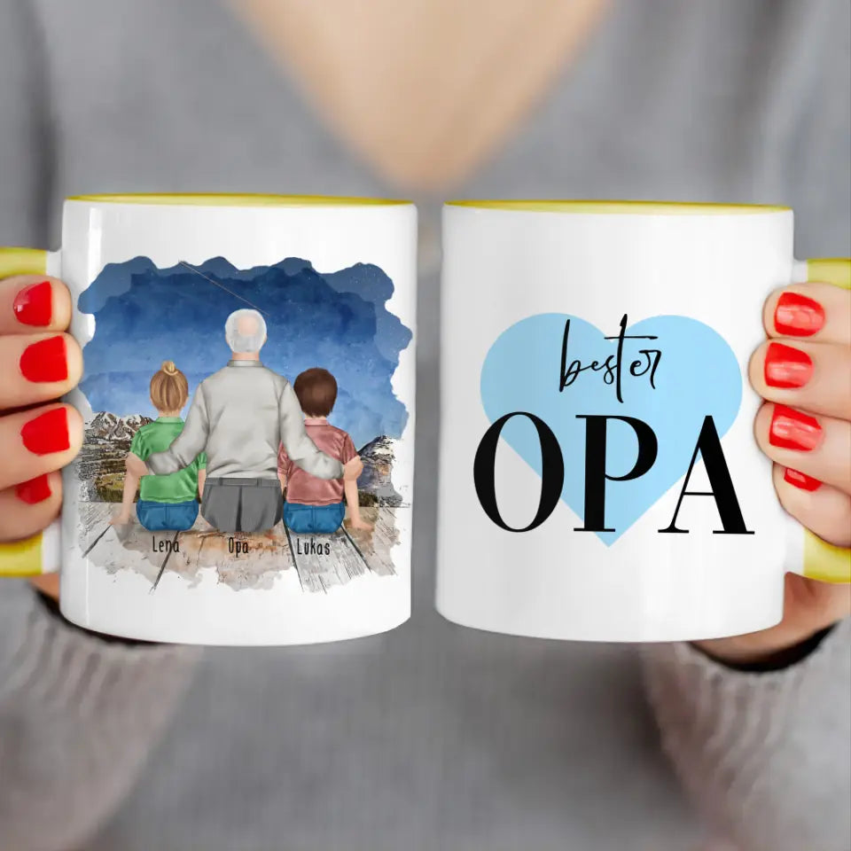 Personalisierte Tasse für Opa (2 Kinder + 1 Opa)