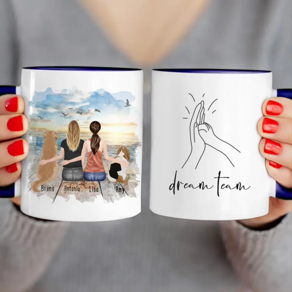 Personalisierte Tasse mit Hunden und Frauen (2 Hunde + 2 Frauen)