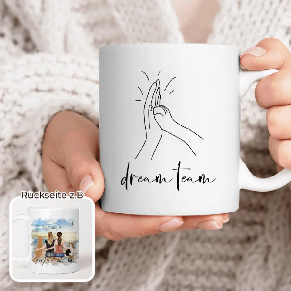 Personalisierte Tasse mit Hunden und Frauen (2 Hunde + 2 Frauen)