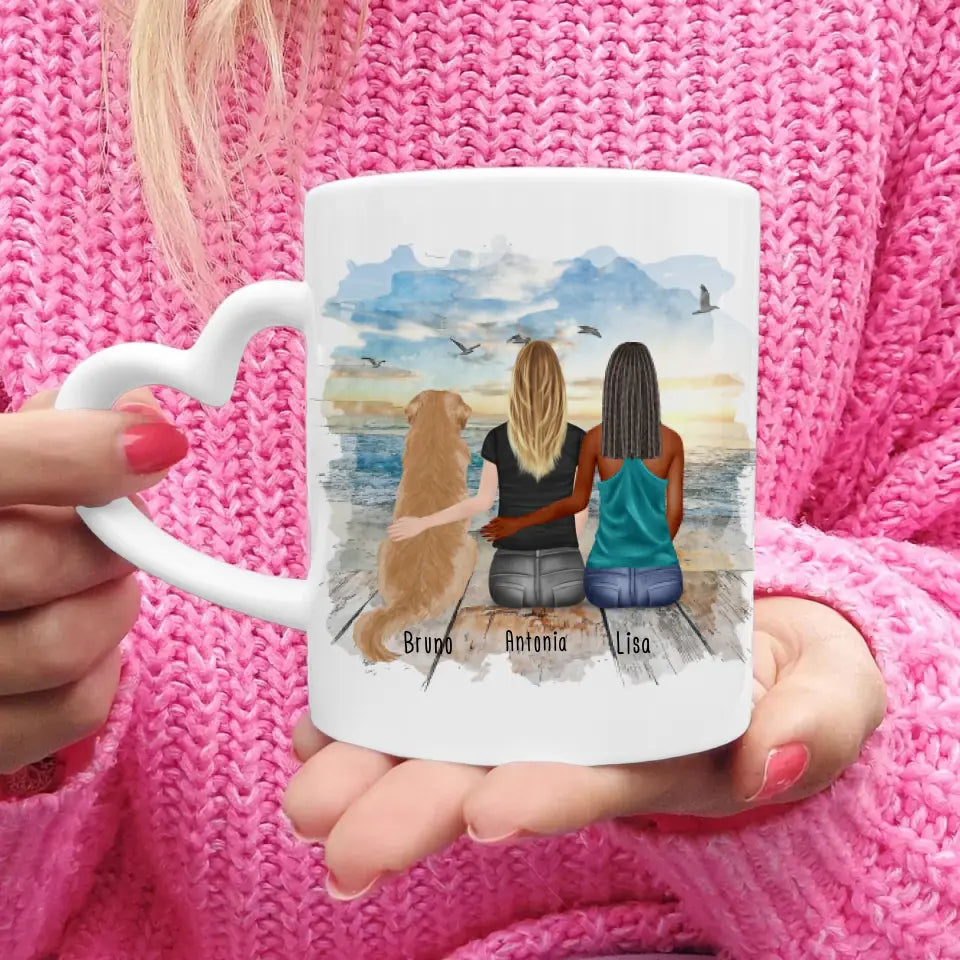 Personalisierte Tasse mit Hund und Frauen (1 Hund + 2 Frauen)